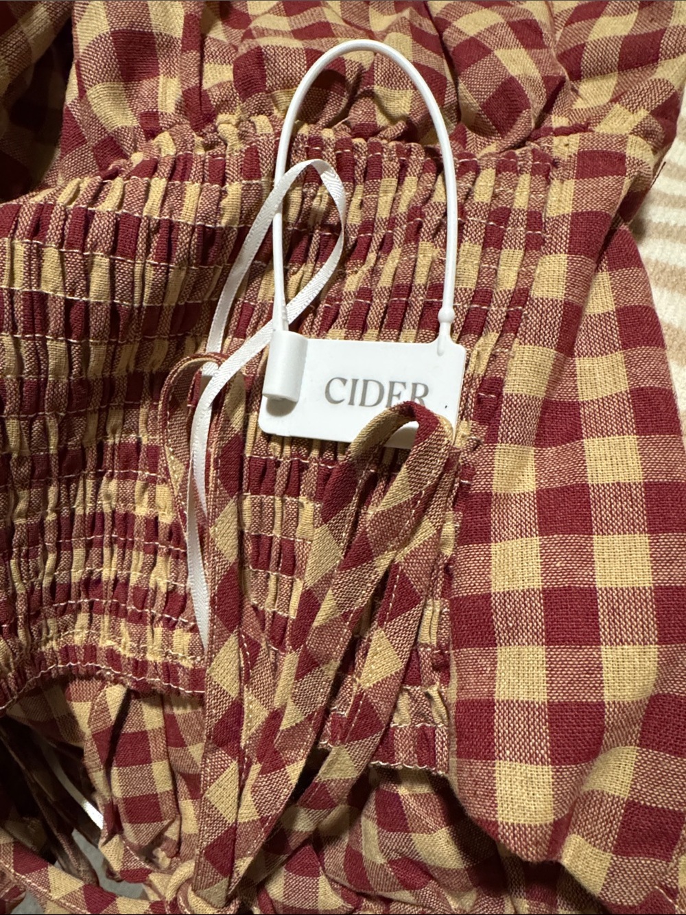 SOLD ❌ Cider Burgundy and Beige Gingham Tie-Shoulder Maxi Dress with Bow Front - Picture 8 of 9